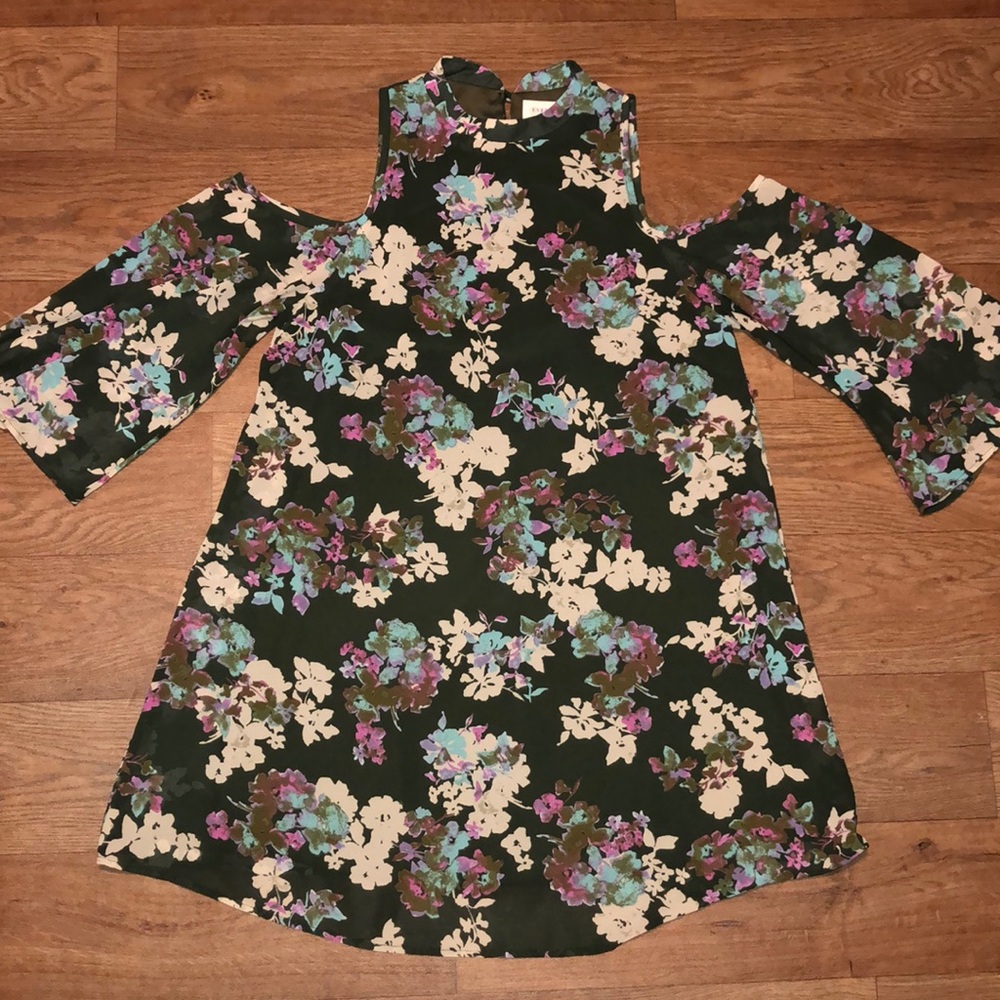 Floral chiffon high neck cold shoulder dress